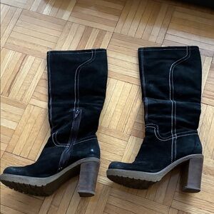 Franco Sarto Black Suede lug  Heeled Boots rubber souls white stitching